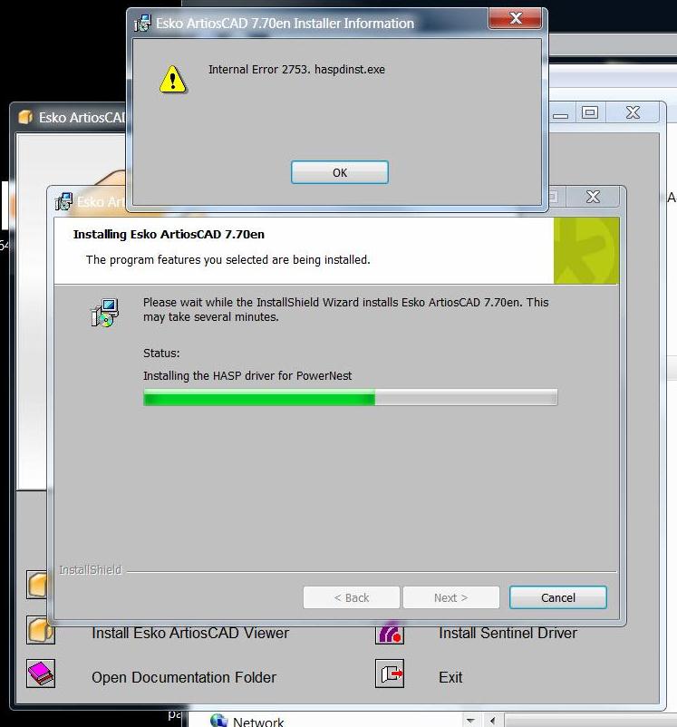 ArtiosCAD 7.70 "Internal Error 2753. haspdinst.exe " appears during